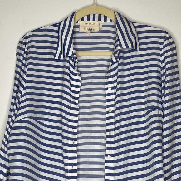 Artelier Blue and White Stripe Collar Button Down Bell Tie Sleeve Blouse XS - Picture 6 of 11